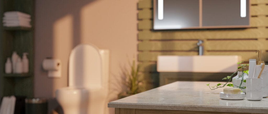 ruimte op luxe wit marmeren badkamertafelblad over onscherpe achtergrond van badkamer. duurzame badkamer, duurzame badkameraccessoires