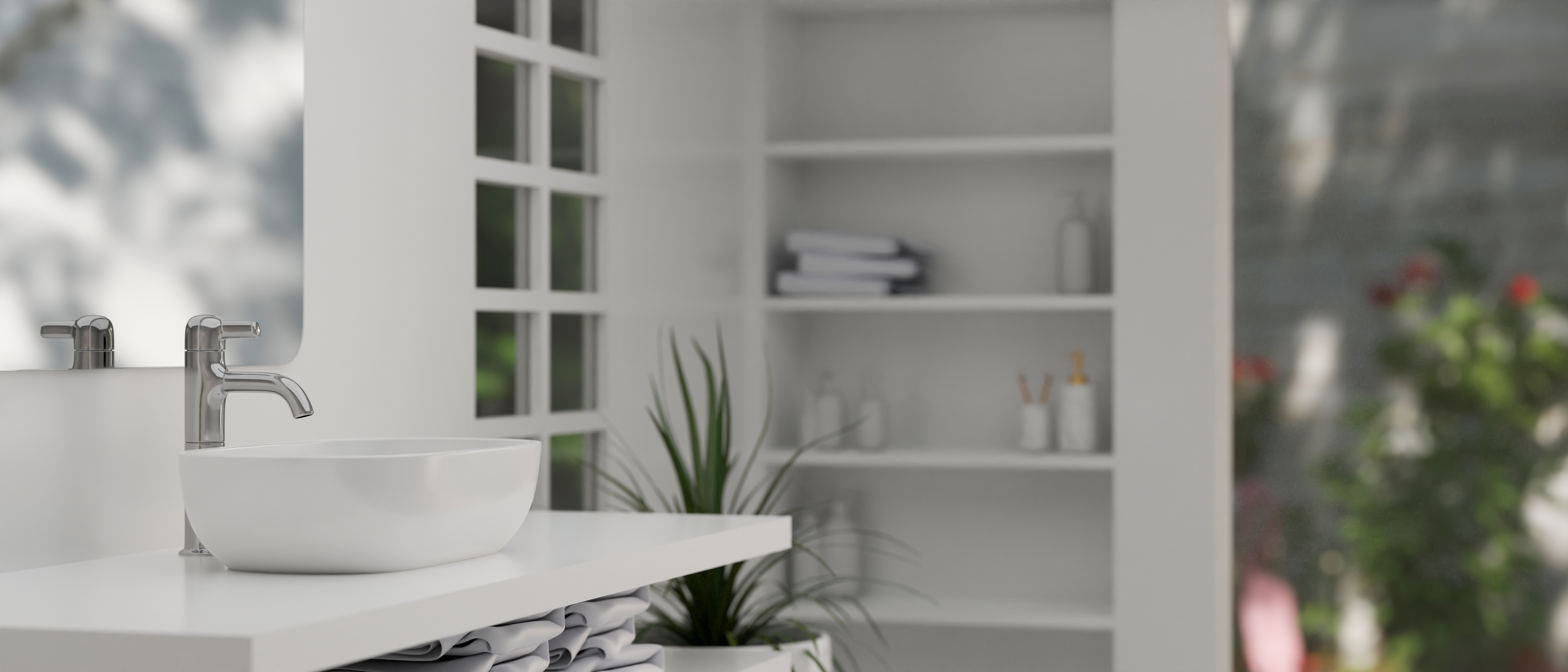 Modern wit badkamerinterieur met moderne witte wastafel op het aanrecht, kleine badkamer, opbergruimte, opbergen, ruimte tekort, spiegel op de witte muur, opbergplank en decors. 3D-weergave, 3D-illustratie